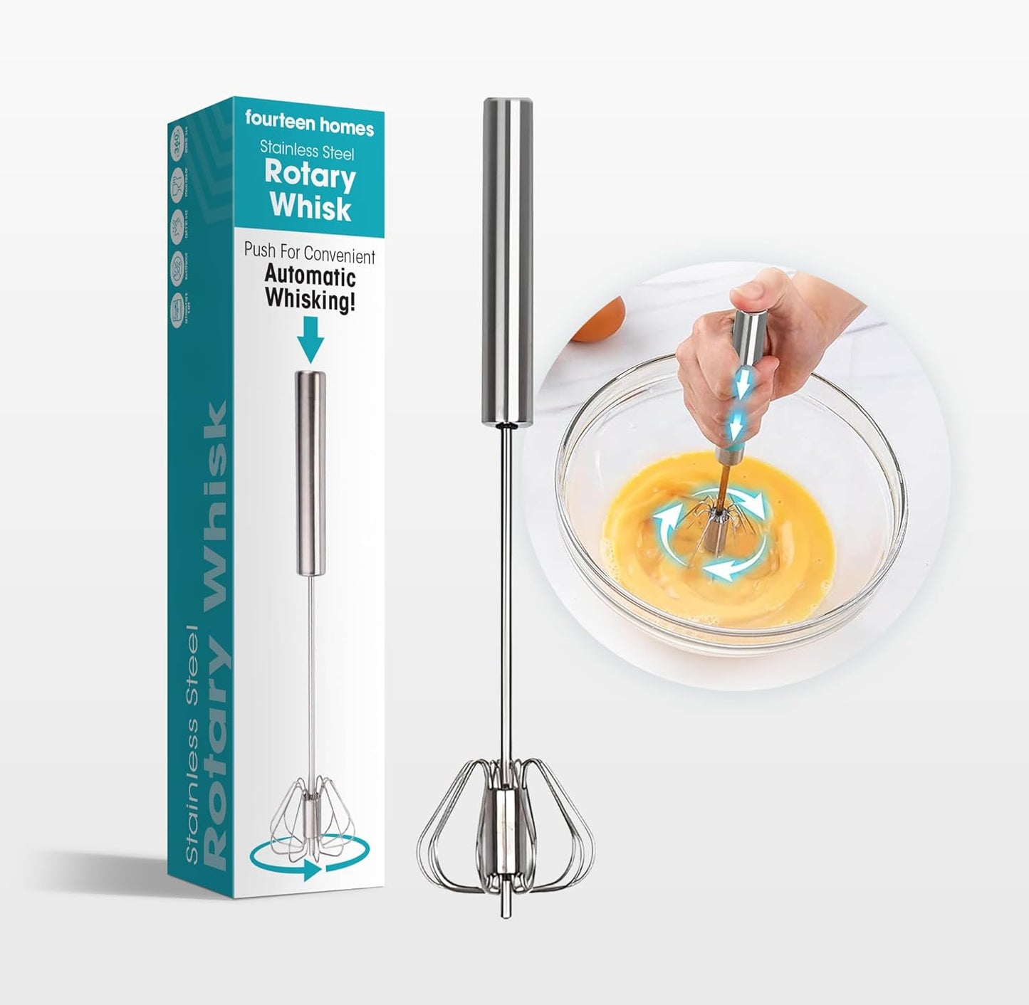 Fourteen Homes Stainless Steel Egg Whisk - Hand Push Rotary Blender & Versatile Milk Frother, 12in - Ideal for Blending, Whisking, Beating & Stirring