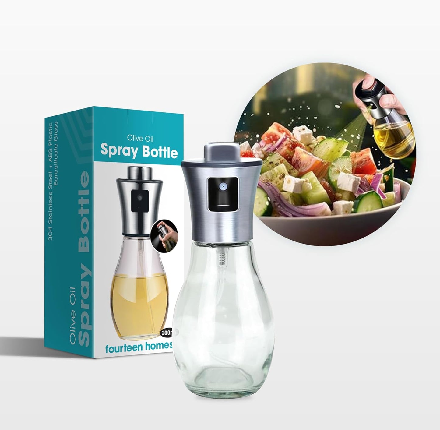Fourteen Homes Oil Dispenser Bottle - Olive Oil Sprayer - Clear Glass Refillable Oil & Vinegar Dispenser with Measuring Scale Pump for Kitchen, Cooking, Salads, Baking, Frying -200 ml