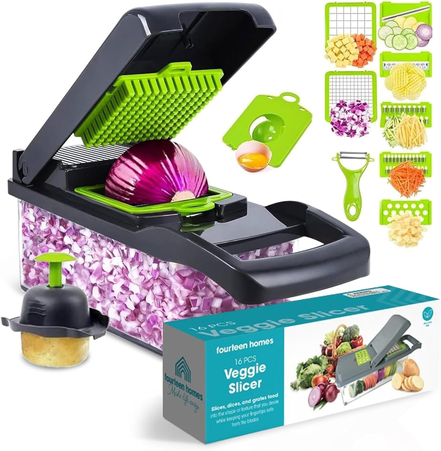 Fourteen Homes Vegetable Chopper with Container - Cheese Grater Hand Crank - Mandoline Slicer for Veggies, Onions, Fruit, Potatoes - Salad Slicer -14 in 1 Veggie Chopper