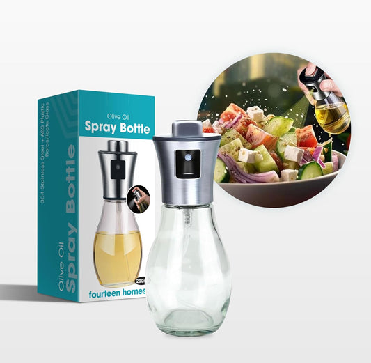 Fourteen Homes Oil Dispenser Bottle - Olive Oil Sprayer - Clear Glass Refillable Oil & Vinegar Dispenser with Measuring Scale Pump for Kitchen, Cooking, Salads, Baking, Frying -200 ml